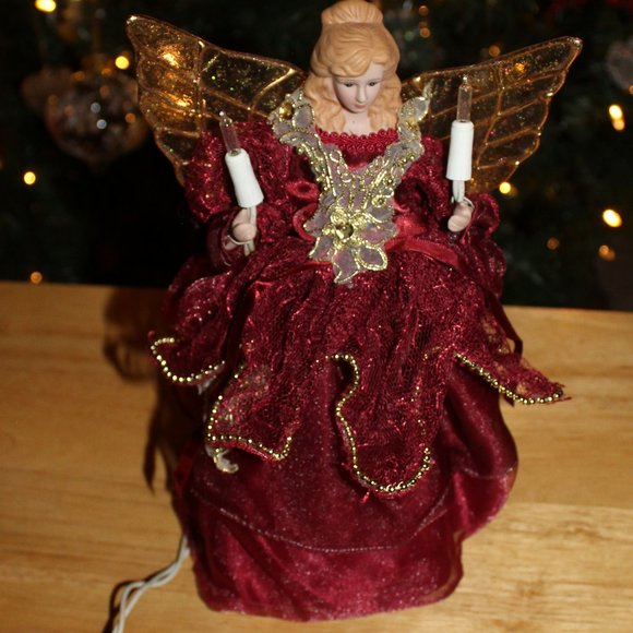Angel in Maroon Dress Tree Topper - Picture 1 of 5